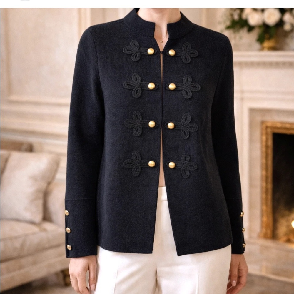 Chico's | black knit sweater top military frog closures brass buttons at cuff